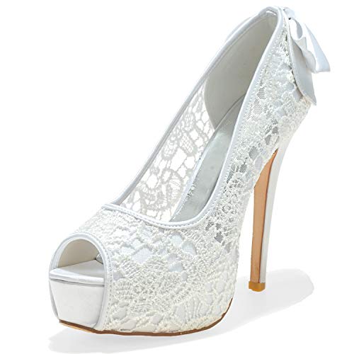 DANOBAB Hochzeitsschuhe, Frauen Spitze Herbst High Heels Elfenbein Seide Wie Braut Mitterabend Peep Toe/12,5Cm Absatz,Weiß,41 von DANOBAB