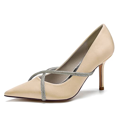DANOBAB Hochzeitsschuhe Für Die Braut, Geschlossene Zehe, Damen-Hochzeitshöhen Mit Strass, Slip-On-Design, Spitze Zehen, Brautschuhe,Champagne,38 von DANOBAB
