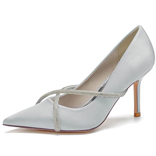 DANOBAB Hochzeitsschuhe Für Die Braut, Geschlossene Zehe, Damen-Hochzeitshöhen Mit Strass, Slip-On-Design, Spitze Zehen, Brautschuhe,Silber,38 von DANOBAB