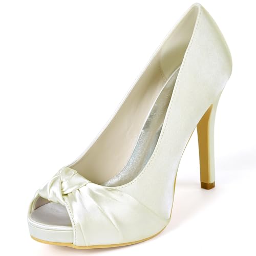 DANOBAB Hochzeitsschuhe für Damen Slip-On Mary Jane aus Satin mit Plattform und Kittenheels Peep Toe/Runder Spitze, Hochabsatz Elfenbein, 11 cm Absatz,Elfenbein,40 von DANOBAB