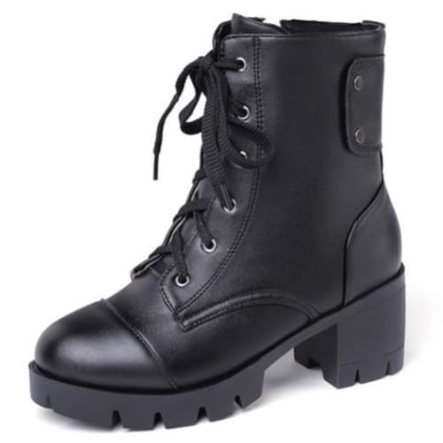 DANOBAB Komfortable Damenstiefel mit chunky Absatz bis zur Mitte des Wadens, wasserdichte Damenstiefel, schwarze Leder-Walking-Stiefeletten für Damen,Schwarz,46 von DANOBAB