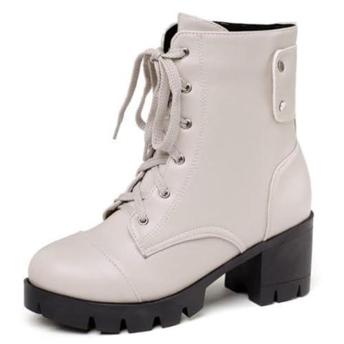 DANOBAB Komfortable Damenstiefel mit chunky Absatz bis zur Mitte des Wadens, wasserdichte Damenstiefel, schwarze Leder-Walking-Stiefeletten für Damen,Weiß,43 von DANOBAB