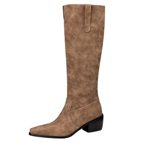 DANOBAB Wildleder-Kniehohe Cowboystiefel für Frauen, Bequeme Hohe Cowgirl-Stiefel mit Niedrigem Absatz, Herbst-Winter Western-Stiefeletten,Braun,39 von DANOBAB