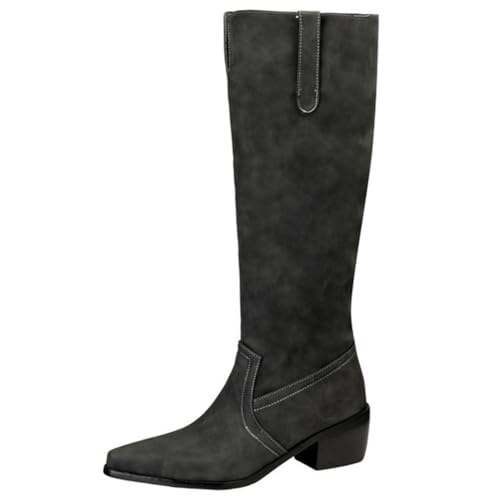 DANOBAB Wildleder-Kniehohe Cowboystiefel für Frauen, Bequeme Hohe Cowgirl-Stiefel mit Niedrigem Absatz, Herbst-Winter Western-Stiefeletten,Schwarz,45 von DANOBAB