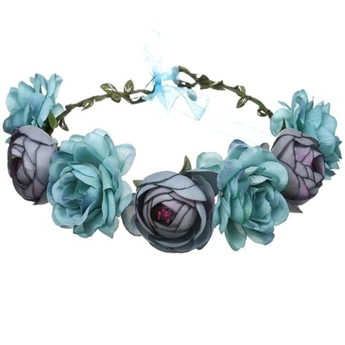 DANRENPANG Damen Bohemian Simulierte Rose Blumenkranz Verstellbare Blumenkrone Floral Kopfschmuck Hochzeit Festivals Foto Requisiten (Blau, Verstellbar) von DANRENPANG