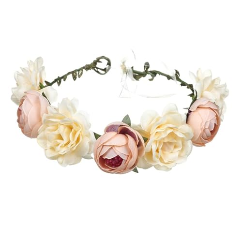 DANRENPANG Damen Bohemian Simulierte Rose Blumenkranz Verstellbare Blumenkrone Floral Kopfschmuck Hochzeit Festivals Foto Requisiten (Champagner, verstellbar) von DANRENPANG