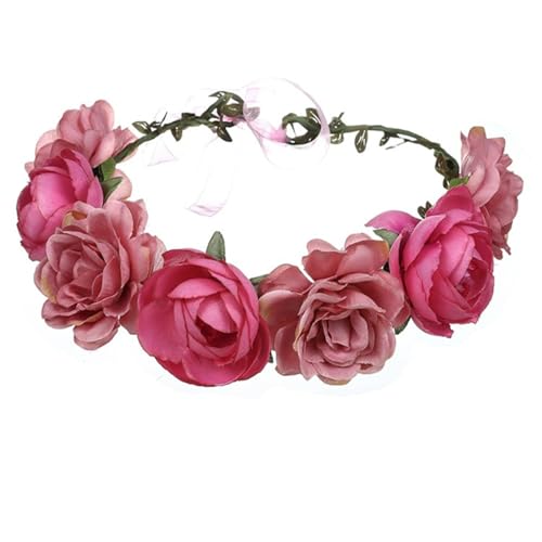 DANRENPANG Damen Bohemian Simulierte Rose Blumenkranz Verstellbare Blumenkrone Floral Kopfschmuck Hochzeit Festivals Foto Requisiten (Rosa, Verstellbar) von DANRENPANG