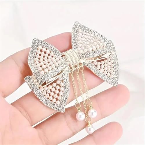 DANRENPANG Elegante Schleife Stirnband mit Quaste Haarnadel Damen Springclip Breite Perle Strass Haarspange Haarschmuck von DANRENPANG