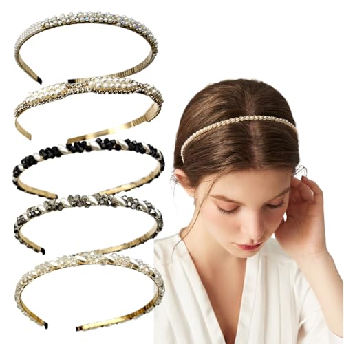 DANRENPANG Haarreifen mit Strasssteinen für Damen und Mädchen, zweireihig, glitzernde Perlen, transparent, schwarz, schmal, Haarschmuck, 5 Stück von DANRENPANG