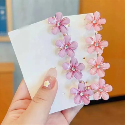 Danrenpang Kleine Mini-Kristall-Klauenclips mit Blumen-Design, süße künstliche Pony-Clips, dekorativer Haarschmuck für Frauen und Mädchen (8 Stück, rosa + lila) von DANRENPANG