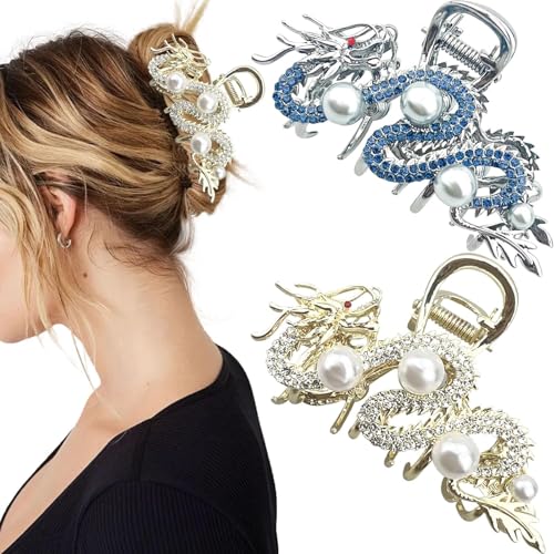 Große Metall-Haarklammern in Drachenform, geometrisches Design, Strass und Perlen, Haarklammern für dickes Haar, für Damen und Mädchen, 2 Stück von DANRENPANG