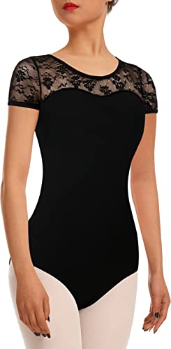 DANSHOW Damen Ballett Tanztrikot mit Spitze,kurzärmelig,Tanzbekleidung mit hohlem Rücken Ballett Trikot(7037-06-XL) von DANSHOW