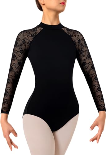 DANSHOW Damen Spitze Ballett Trikot für Tanz Mock Neck, Erwachsene Wassertropfen Hohl Rücken Turn-Leotards für Damen(7029-06-M) von DANSHOW