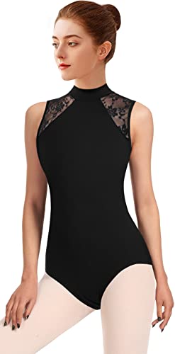 DANSHOW Damen Spitze Ballett Trikot für Tanz Mock Neck, Erwachsene Wassertropfen Hohl Rücken Turn-Leotards für Damen(7030-06-M) von DANSHOW