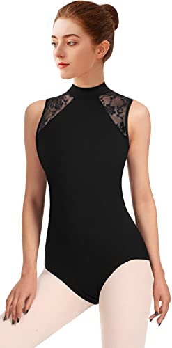 DANSHOW Damen Spitze Ballett Trikot für Tanz Mock Neck, Erwachsene Wassertropfen Hohl Rücken Turn-Leotards für Damen(7030-06-S) von DANSHOW