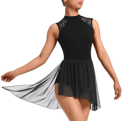 DANSHOW Lyrisch Moderner Tanz Kleid für Damen Zeitgenössischer Tanz Kostüme Asymmetrisch Hoch niedrig Rock,Spitzen-Tanzkleidung(23708-06-M) von DANSHOW
