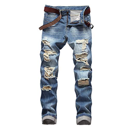 DANT BULUN Herren Ripped Destroyed Slim Fit Straight Leg Denim Jeans - Blau - 58 von DANT BULUN