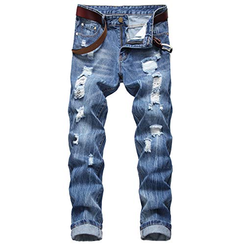 DANT BULUN Herren Ripped Destroyed Slim Fit Straight Leg Denim Jeans - Blau - 58 von DANT BULUN