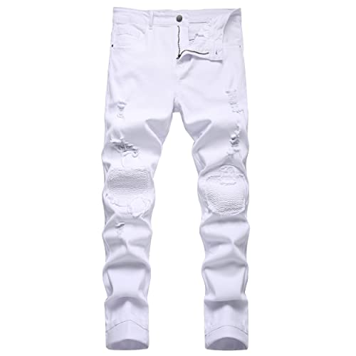 DANT BULUN Herren Ripped Slim Straight Fit Moto Biker Jeans mit Reißverschluss Deko, White1091, 52 von DANT BULUN