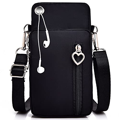 DANXIAN Handytasche zum Umhängen Damen,Geldbörse Damen Brieftasche Kleine Umhängetasche Kopfhörer Eingang,Handy Schultertasche Verstellbar Abnehmbar Schultergurt unter 7 Zoll SJB001 Schwarz 10x20 CM von DANXIAN