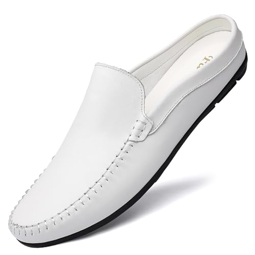 Herren Leder Mokassins Slipper Slipper Atmungsaktiv Leicht Flexibel Wanderschuhe Schwarz Braun(White,40 EU) von DAO-UPPSE