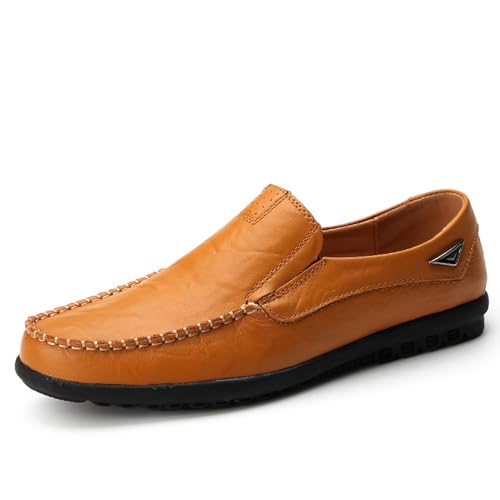 Herren-Loafer aus echtem Leder, atmungsaktive Slip-On-Fahrerschuhe, lässiger Komfortschuh for Geschäftsreisen(Yellow-brown,46 EU) von DAO-UPPSE