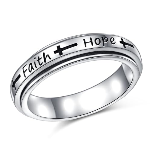 DAOCHONG 925 Sterling Silver Drehspinner Fidget Ring Kreuz Glaube Liebe Hoffnung Angst Band Oxidiertes Fidget Sorgenentlastung Langeweile ADHS Autismus Ringe für Frauen(54.4) von DAOCHONG