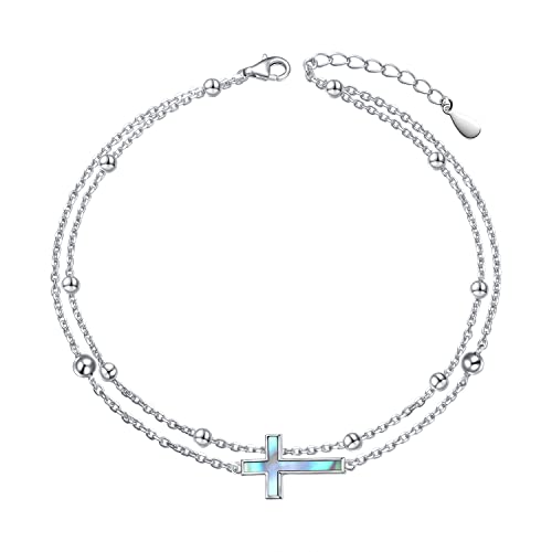 DAOCHONG Cross Layer Fußkettchen für Frauen S925 Sterling Silber Kreuz Perlen Charm Fußkette Abalone Muschel Boho Strand Doppellagige Fußkettchen Armband Verstellbar 22,9 bis 26,7 cm von DAOCHONG