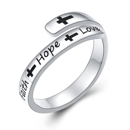 DAOCHONG Glaube Hoffnung Liebe Kreuz Ringe 925 Sterlingsilber Wickel Offen Verstellbare Ringe für Frauen Inspirierende Schmuck Geschenk von DAOCHONG