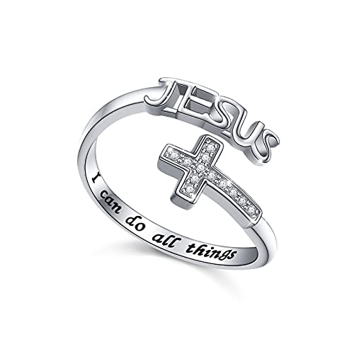 DAOCHONG Kreuzring aus 925er Sterlingsilber mit Gravur I Can Do All Things Jesus Kreuz verstellbarer Ring Religiöses Geschenk für Frauen Mädchen Christen,54.4 von DAOCHONG