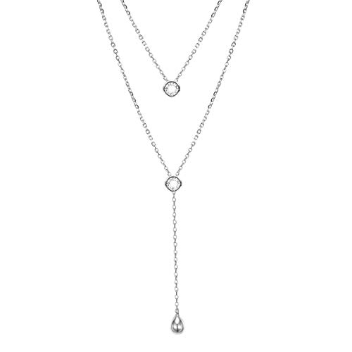 DAOCHONG Layered Halskette S925 Sterling Silber Teardrop Runde CZ Double Choker Y Lariat Halskette Geschenke für Frauen von DAOCHONG