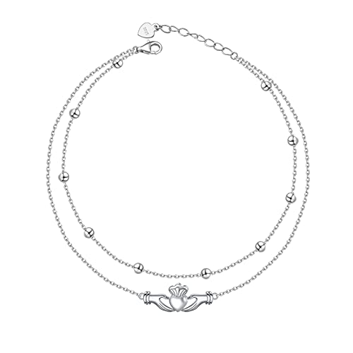 DAOCHONG 925 Sterling Silber Einstellbar Fußkette Claddagh Knöchelarmband Claddagh Fußkettchen Schmuck für Frauen Weihnachten Geschenk (Claddagh (9+1.5")) von DAOCHONG