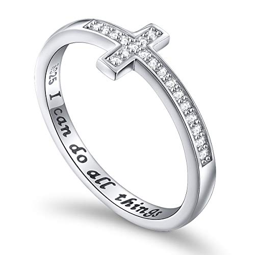 DAOCHONG Statement-Ring aus 925er Sterlingsilber mit der Gravur „I Can Do All Things“ (seitlich), Kreuzring, Größe 7, inspirierender Schmuck, Geschenk für Frauen von DAOCHONG