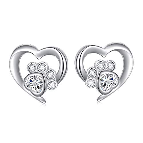 S925 Sterling Silber süße Herz Ohrstecker weiß CZ Katze Welpen Pfotenabdruck Geburtstagsgeschenk für Frauen Teenager Mädchen Tierliebhaber (Paw Studs) von DAOCHONG