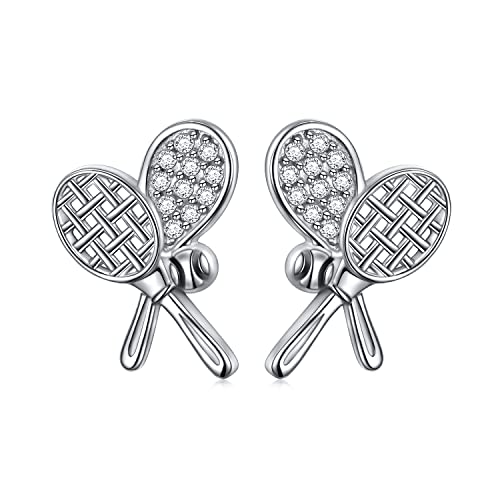 S925 Sterling Silber Tennisschläger und Ball Sport Cubic Zirkonia CZ Ohrstecker Schmuck Geschenke für Frauen Tennisliebhaber von DAOCHONG