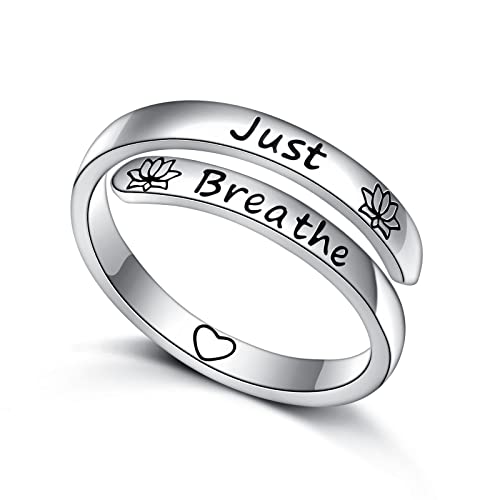 DAOCHONG Verstellbare inspirierende Ringe aus 925er Sterlingsilber, Yoga-Lotusblume, stapelbar, spiralförmig gedreht, Statement-Band, ermutigender Schmuck für Frauen und Männer (Just Breathe) von DAOCHONG