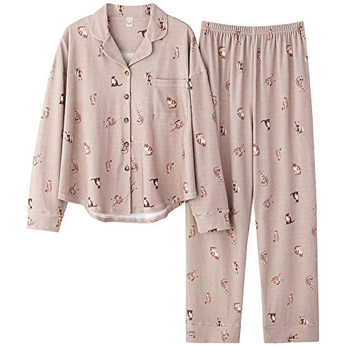 Pyjama Damen,Cartoon Niedliche Katze Tiere Druck Bohnenpaste Pulver Baumwolle Revers Knöpfe Frühling Herbst Weiche Bequeme Nachtwäsche Damen Pyjama Set Langarm Hosen Strick Loungewear Für Damen, von DAOD