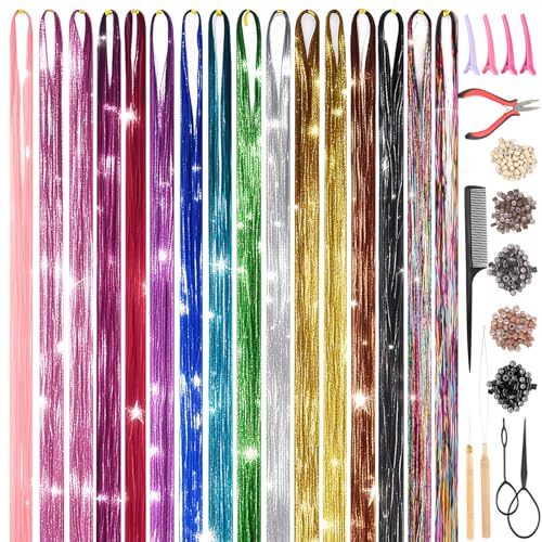 16 Farben glitzer haarsträhnen,120 cm Hair Tinsel mit Werkzeugen,Flechten Haar Lametta,Hochwertiger Haarschmuck für Fasching, Karneval und Festivals von DAOOZHU