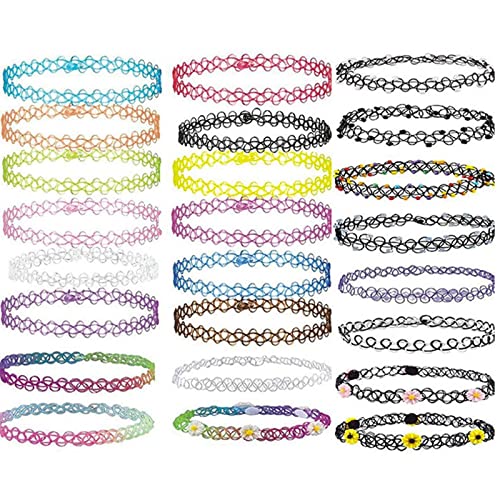 24 Stück Elastische Halskette,Stretch Tattoo Choker Kette Rainbow Armband Vintage Gummi Tattoo Halskette Henna Halsband für Mädchen Frauen Teen Mädchen Kinder von DAQIEPIN