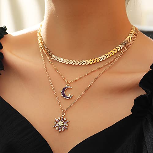 Damen Halsketten Metall Halsketten Mehrlagige Halsketten Vintage Micro-Set Zirkon Sonnen Halsketten Elegante Accessoires für Frauen und Mädchen von DAQIEPIN