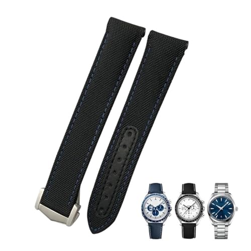 DASEB 19 mm 20 mm 21 mm hochdichtes Nylon-Canvas-Uhrenarmband mit gebogenem Ende, passend für Omega Seamaster 300 AT150 Speedmaster Longines Uhrenarmband(Black Blue,20mm Silver clasp) von DASEB