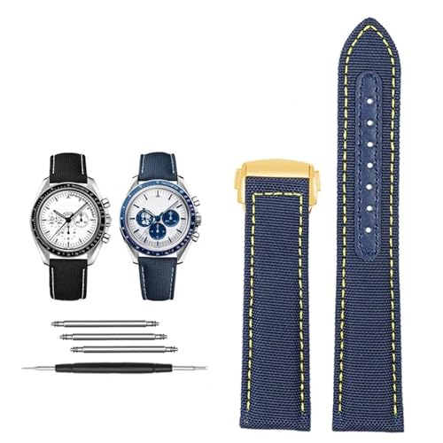 DASEB 19 mm 20 mm Canvas-Nylon-Uhrenarmbänder für Omega Seamaster 300 Speedmaster AT150 Omega Speedmaster Slubby 310.32 Series Nylonarmband(Blue yellow gold,19mm) von DASEB