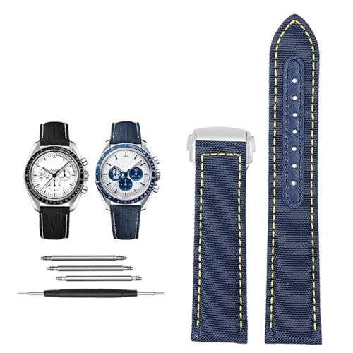 DASEB 19 mm 20 mm Canvas-Nylon-Uhrenarmbänder für Omega Seamaster 300 Speedmaster AT150 Omega Speedmaster Slubby 310.32 Series Nylonarmband(Blue yellow silver,20mm) von DASEB