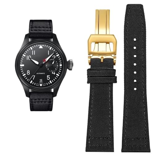 DASEB Hochdichtes Nylon-Rindsleder-Uhrenarmband für IWC PILOT Portugal Stoff-Uhrenarmband 20 mm 21 mm 22 mm Armband Schwarz Armygreen Blue Rindsleder-Handgelenkgürtel(Black gold fold,21mm) von DASEB
