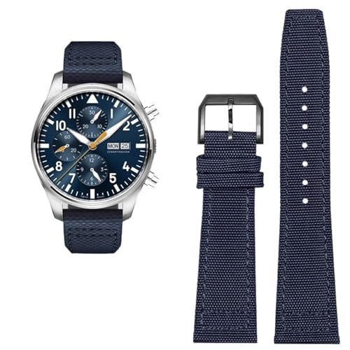 DASEB Hochdichtes Nylon-Rindsleder-Uhrenarmband für IWC PILOT Portugal Stoff-Uhrenarmband 20 mm 21 mm 22 mm Armband Schwarz Armygreen Blue Rindsleder-Handgelenkgürtel(Blue Black pin,21mm) von DASEB