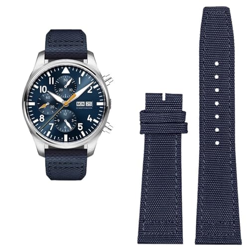 DASEB Hochdichtes Nylon-Rindsleder-Uhrenarmband für IWC PILOT Portugal Stoff-Uhrenarmband 20 mm 21 mm 22 mm Armband Schwarz Armygreen Blue Rindsleder-Handgelenkgürtel(Blue no buckle,22mm) von DASEB