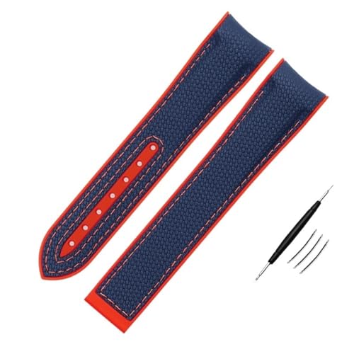 DASEB Hochdichtes Nylon-Silikon-Armband für Omega-Uhrenarmband 20 mm, 21 mm, 22 mm, Gummi-Uhrenarmband, Faltschließe, gebogenes Ende für Armbanduhren(Blue-red no BK,20mm) von DASEB