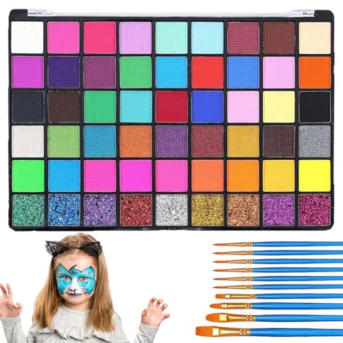 DASIAUTOEM Kinderschminke Set, 54 Farben Kinderschminken Set, Schminke Kinder mit 10 Pinsel, Gesichtsfarbe Kinderschminken für Halloween Karneval Make-up Fasching von DASIAUTOEM