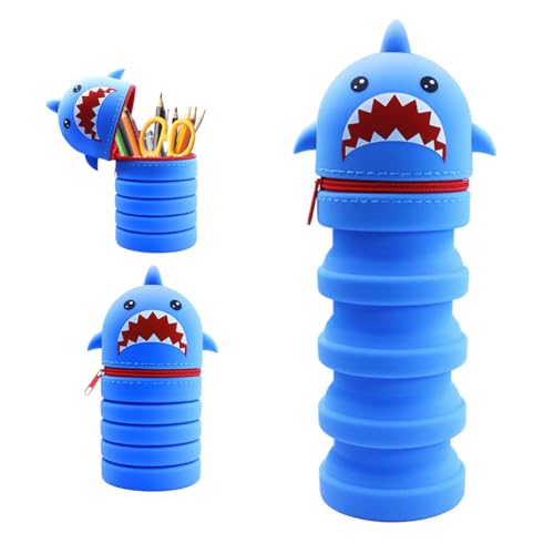 DASIAUTOEM Federmäppchen Silikon, Klapp Silikontasche Hai, Tischstifthalter Reißverschluss Stiftetasche, Federmappe und Stiftehalter, Mäppchen Tiere, Schlampermäppchen, 2 in 1 Kawaii Federmäppchen von DASIAUTOEM