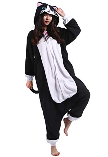 AniKigu Pyjama Tier Onesies Schwarz Katze Erwachsene Kigurumi Unisex Cospaly Nachtwäsche für Hohe 140-187CM von AniKigu